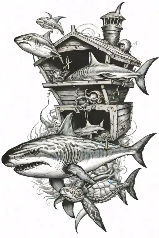 a shark, dolphin, and turtle swimming around it. With a treasure chest in background tattoo design idea