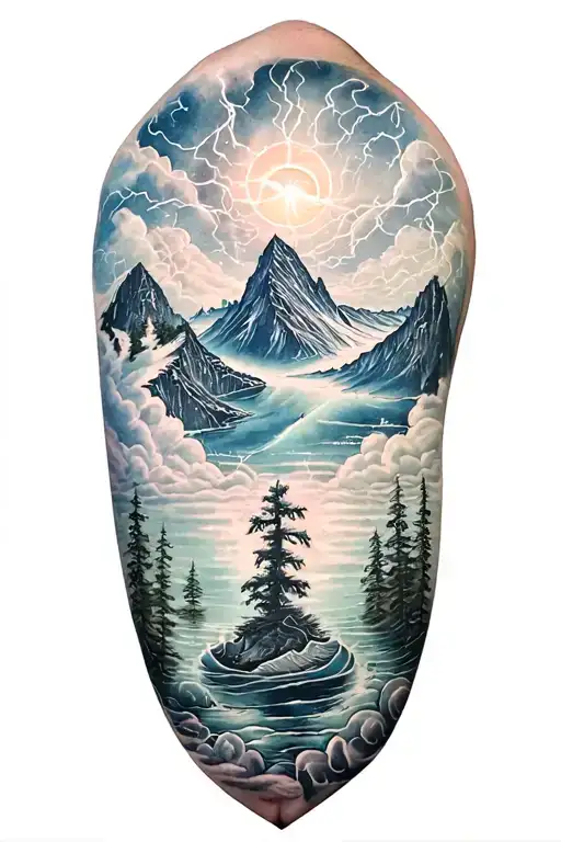 fjord and lightining storm and vegvisir and nature tattoo design idea