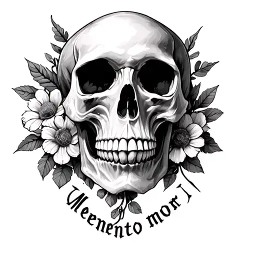a skull facing forward with the phrase memento mori at the bottom. one side live flowers/vines. other side dead  tattoo design idea
