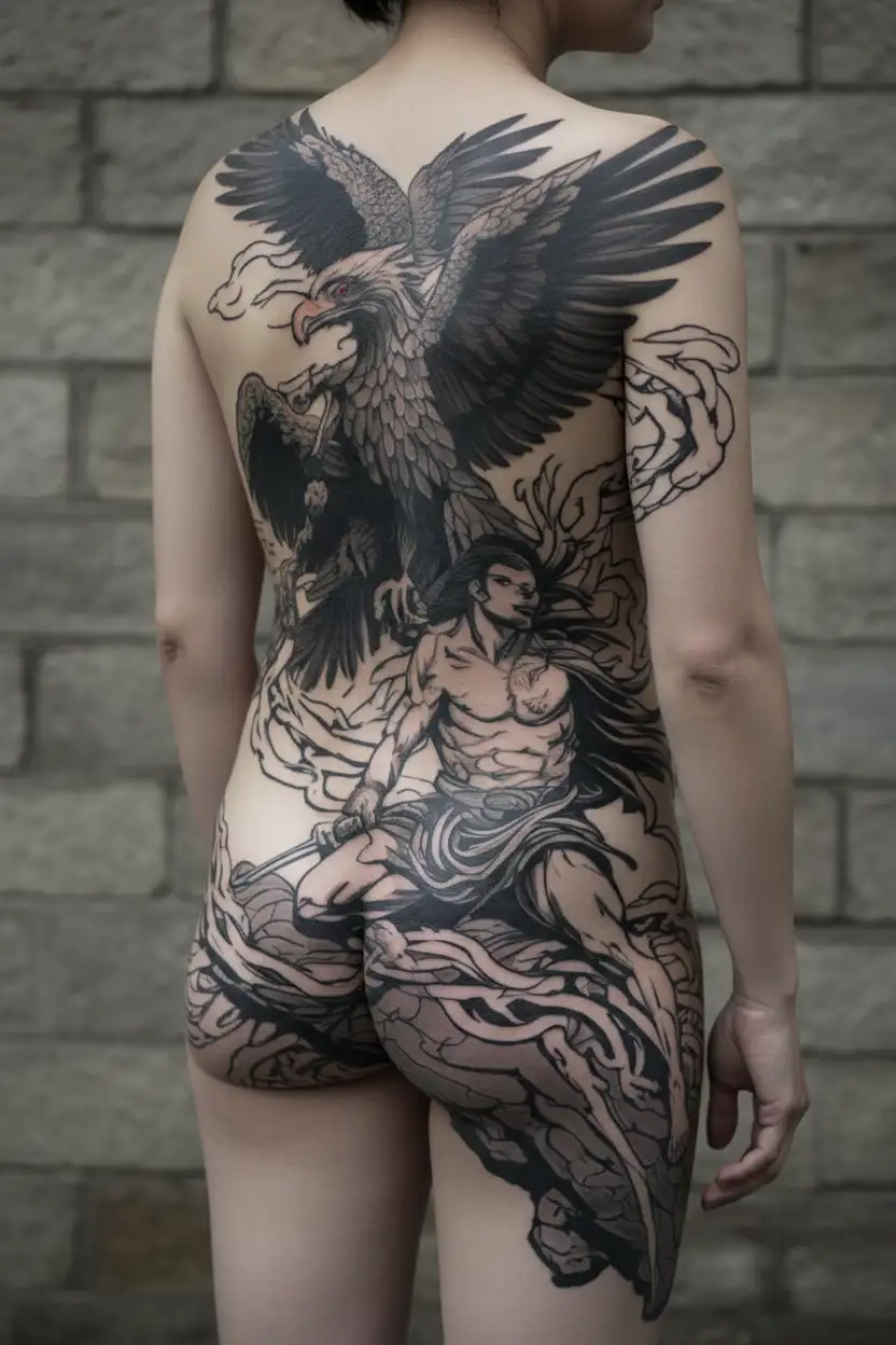 Prometheus chained to a jagged rock, his body twisted in agony as a large eagle tears in his liver. tattoo design idea