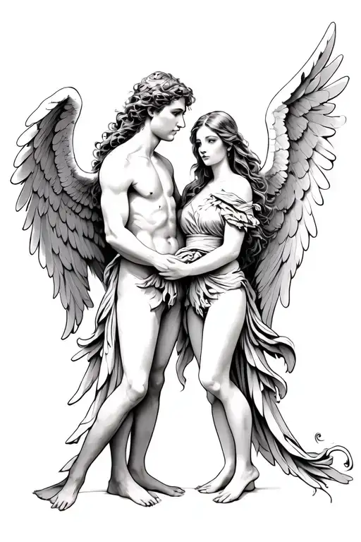 2 angels standing together one male and one female tattoo design idea