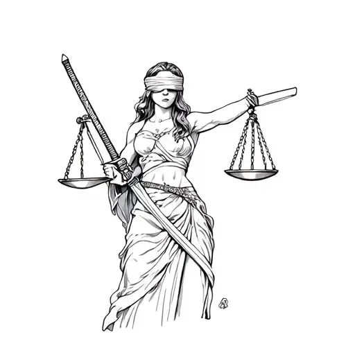 blindfolded lady of justice with a katana sword drawn tattoo design idea