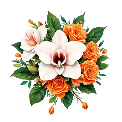 white cattleya and orange rose wreath made tattoo design idea