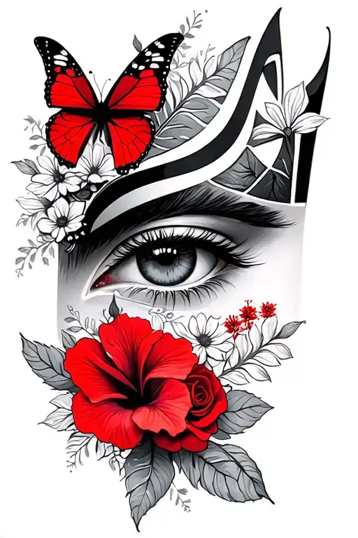 eye of ra mixed with red butterflies & roses mayflowers hibiscus tattoo design idea