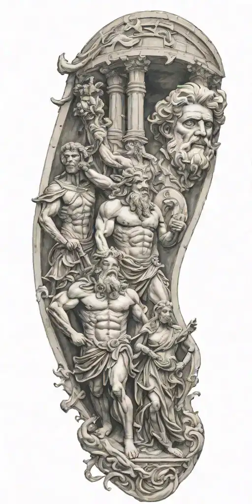 zeus, poseidon, and hades with colosseum background tattoo design idea