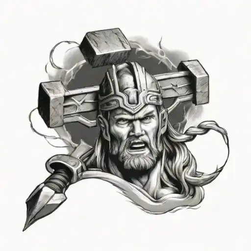 thor hammer standing on the head, a flash of lightning go through the design tattoo design idea