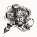 thor hammer standing on the head, a flash of lightning go through the design tattoo design idea