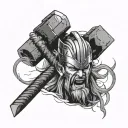 thor hammer standing on the head, a flash of lightning go through the design tattoo design idea