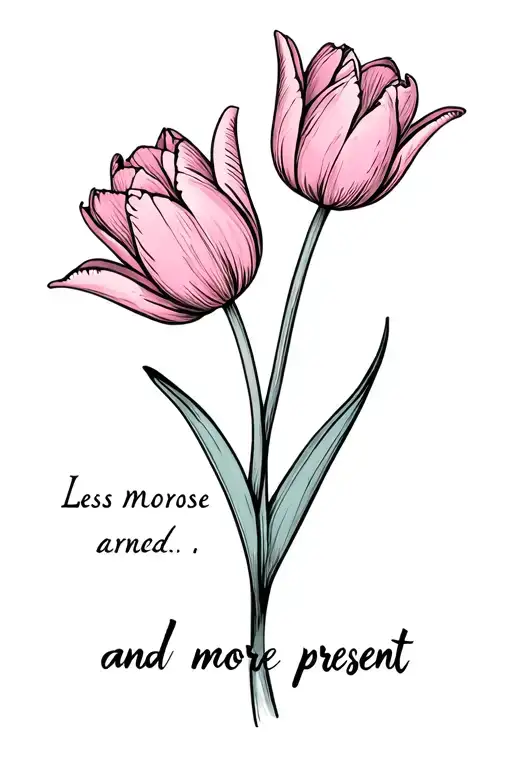 Two tulips with a quote going up the stem, "Less Morose and more present" tattoo design idea