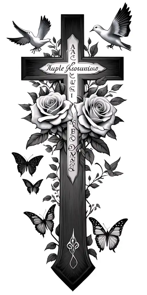 cross with names in it, roses, butterfly, doves tattoo design idea