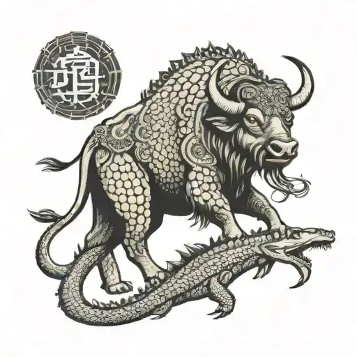 Powerful Indian buffalo with mighty crocodile and hidden anaconda tattoo design idea