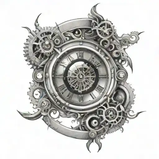 stairway to heavens gates in the reflection of an eye made into the center of a mechanical clock tattoo design idea