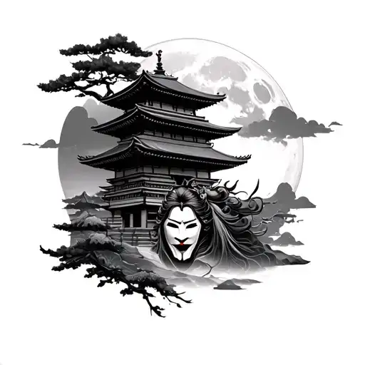 full back japanese temple, samurai, blood moon, geisha with mask tattoo tattoo design idea