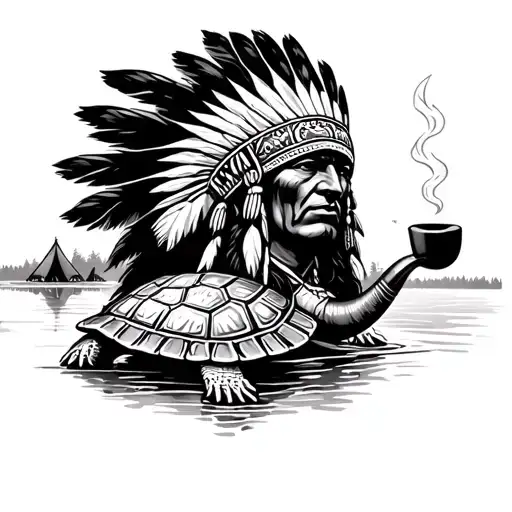 Indian chief smoking pipe shaped like turtle infront of riverside Indian camp  tattoo design idea