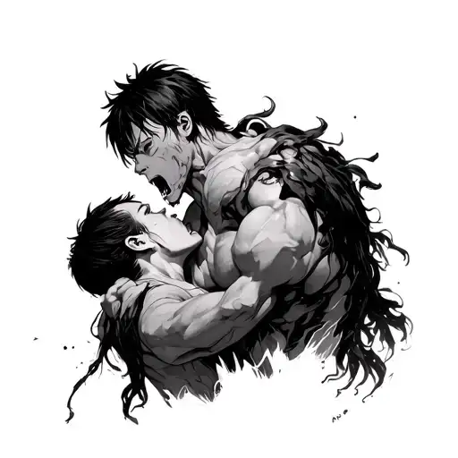 Eren attack titan biting into the neck of another titan. Add some dark fantasy theme to it tattoo design idea