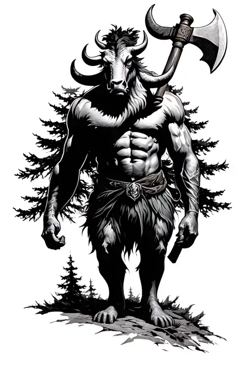 minotaur in black forest trees background holding massive axé over the shoulder  tattoo design idea