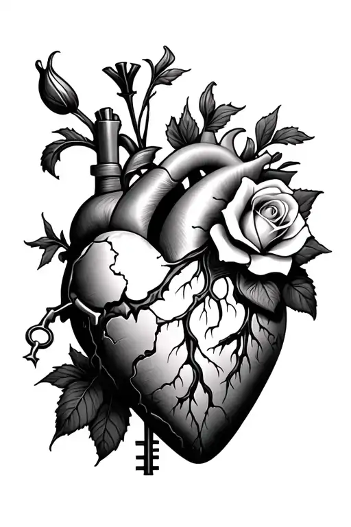 Broken human Heart with rose, lilly and key tattoo design idea