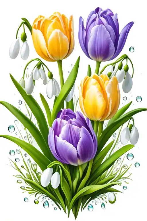 design with multiple tulips, snowdrops, and hyacinths, along with delicate morning dew tattoo design idea