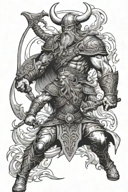 viking warrior and gods battling tattoo design idea