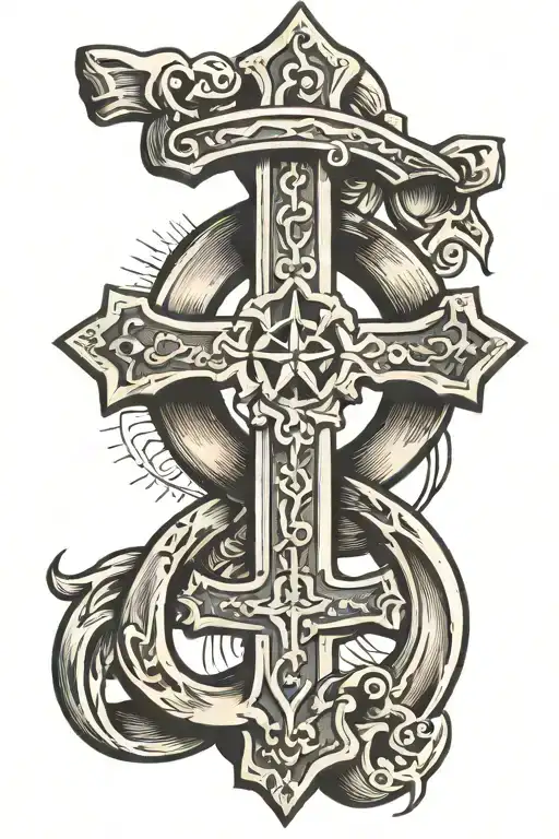 cross with a horseshoe hanging upside tattoo design idea