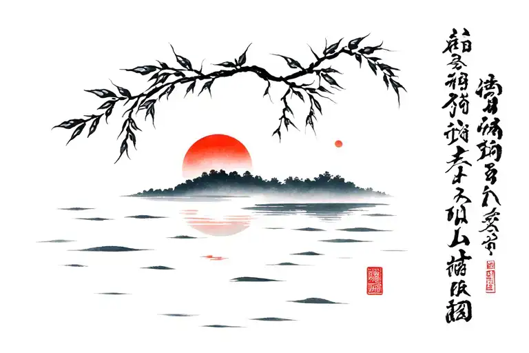 Japanese style landscape theme of a dawn with willow leaves and lake expressing soft simplicity and freedom tattoo design idea