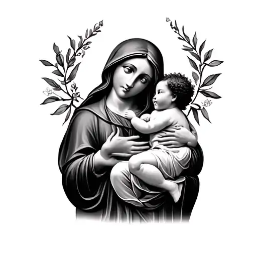 virgin mary holding baby jesus tattoo design idea