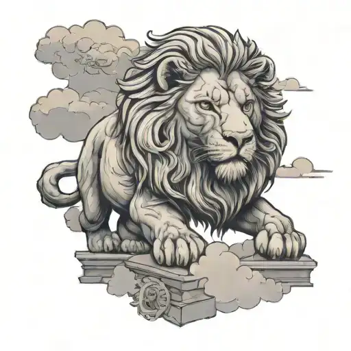path in clouds with lion statue tattoo design idea
