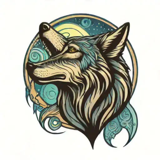 tribal wolf howling at moon with northern lights background and blue rose's  tattoo design idea