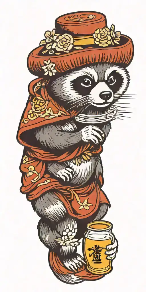 good fortune tanuki with straw  hat and soju cloud background  tattoo design idea