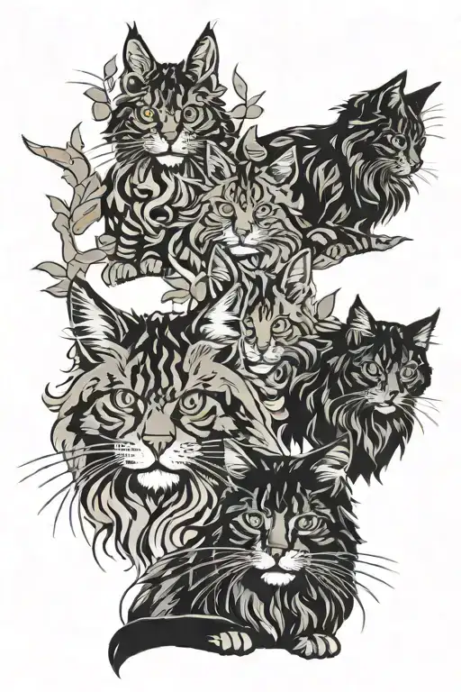 4 maine coon cats in forest   tattoo design idea