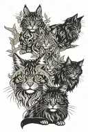 4 maine coon cats in forest   tattoo design idea