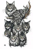 4 maine coon cats in forest   tattoo design idea