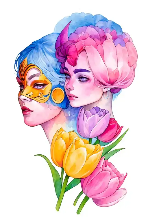 2 person that signifies gemini both wearing oni mask with 2 different emotions covered with tulips tattoo design idea