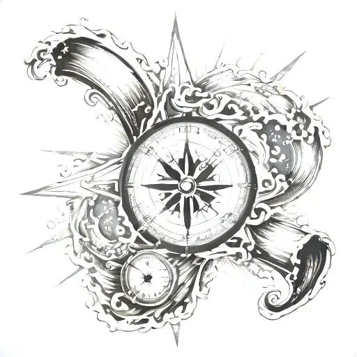 compass rose inside pipeline wave crashing with sun rays breaking through  tattoo design idea