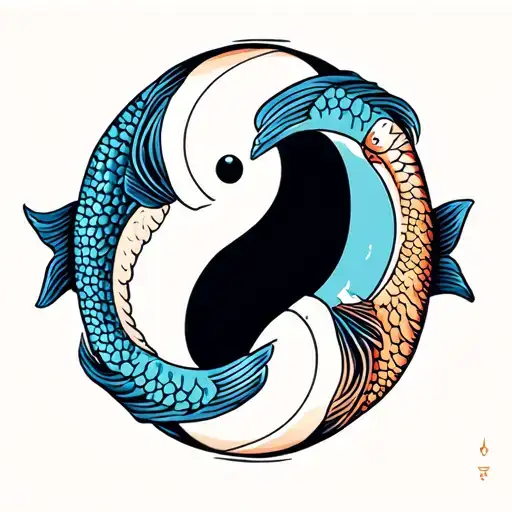Pisces's fish yin yang symbol with Pisces symbol incorporated tattoo design idea