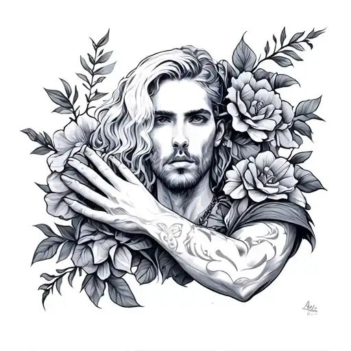A highly detailed, hand-drawn sketch on paper, designed as a stencil for a full-arm sleeve tattoo. The artwork blends re tattoo design idea