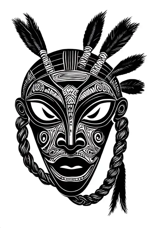 Black Akan African mask, symmetrical and elongated, narrow eyes, long nose, thin lips, braided headdress, tattoo design idea