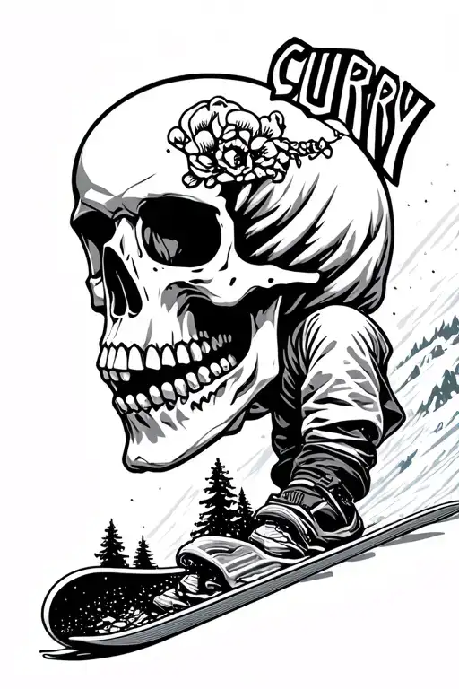skull on a snowboard going down mountain, incorporating the name "CURRY" in some way  tattoo design idea