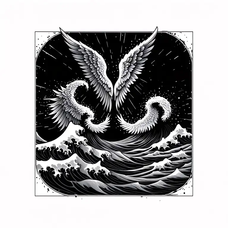 two waves facing each other that morph into angel wings (no faces) that wrap around the wrist . sunshine.  tattoo design idea