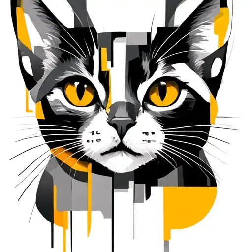Polka trash style mixed with cubist style of a Bombay cat face highly abstract with small amounts of yellow and orange tattoo design idea