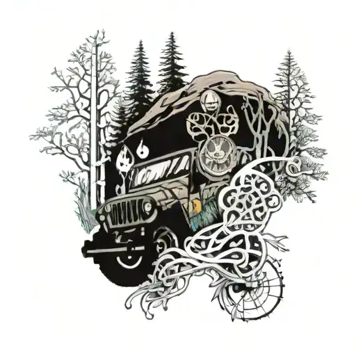 A Jeep driving through a forest filled with magical Wiccan symbols tattoo design idea