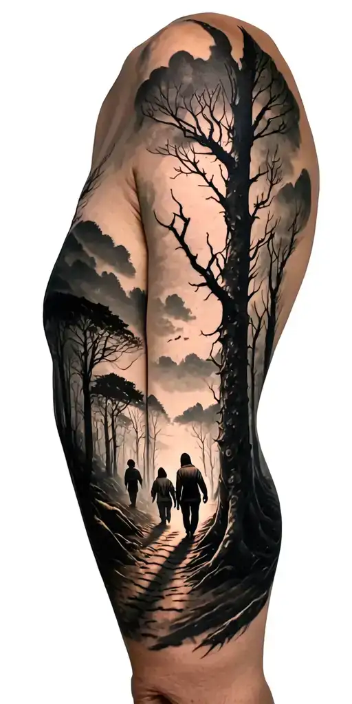 creepy forest scene with black sky with family walking tattoo design idea