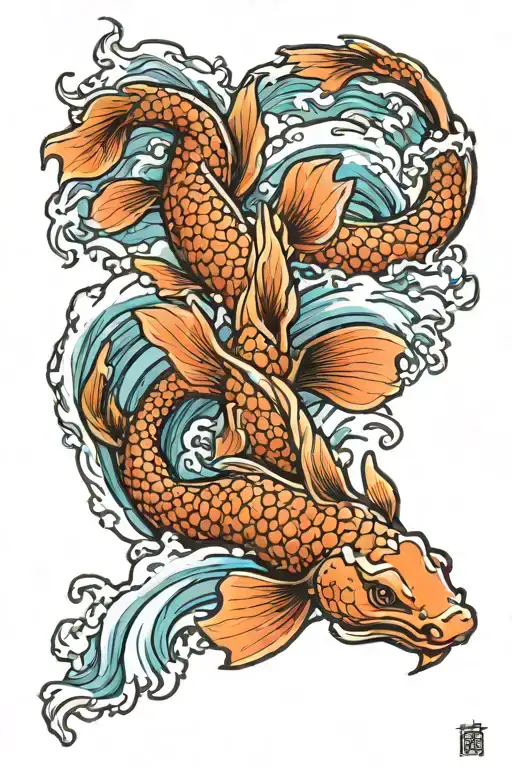 koi fish swim up a waterfall and turn into a dragon tattoo design idea