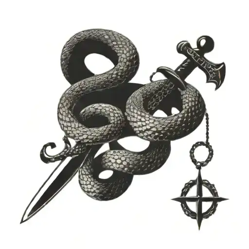 A black and white minimalist design of a snake coiled around a sword tattoo design idea