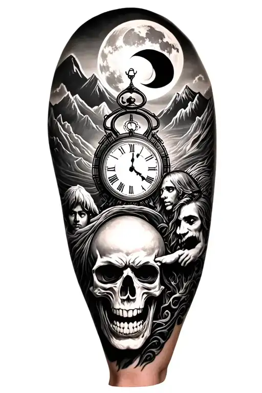 tattoo about life and death for upper arm sleeve with picture of clock , mountains, sun , moon and angry god  tattoo design idea