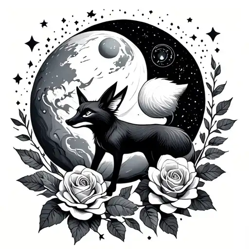Planet Terre, a back man, a back fox, a rose, the star sky tattoo design idea