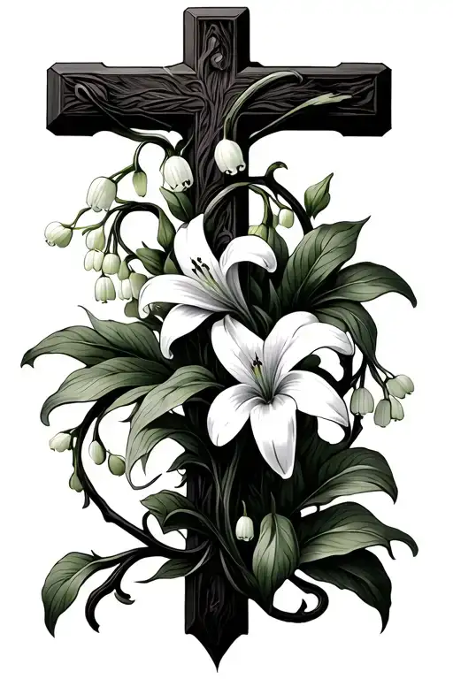 cross and lily of the valley flower intertwined vines tattoo design idea