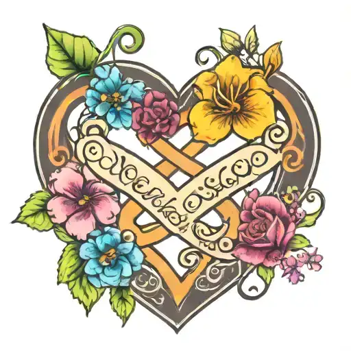 colorful infinity symbol with adoption symbol inside of a blooming heart with 2 names and 1 date tattoo design idea
