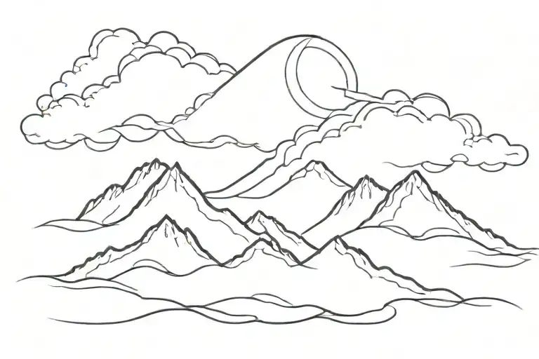 ocean wave merging into a mountain range merging into a fire trail merging into a line of clouds as a single line tattoo design idea