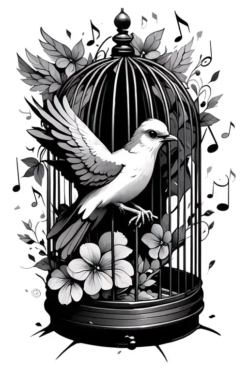 songbird bursting out of a broken cage with scattered music notes, morphing into a phoenix with violets and hawthorne an tattoo design idea